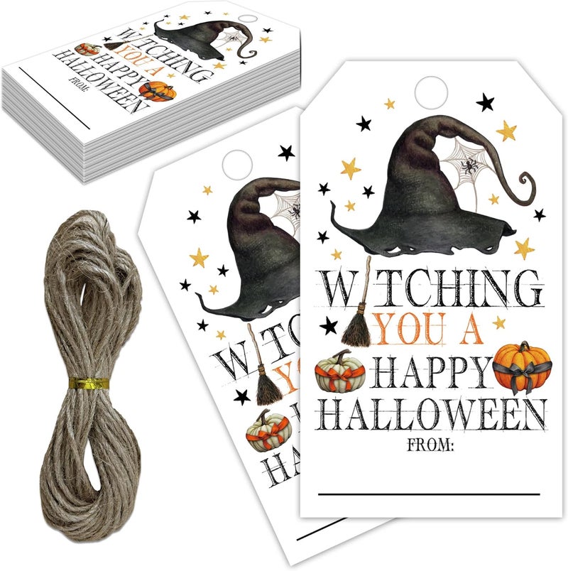 RPLCSPC Halloween Paper Gift Tags with String-50Pcs, Witching You A Happy Halloween Tags for Goodie Bags, 2 x 3.5 Inch Writable Waterproof Hanging Labels for Decoration Party Supplies, Gift Wrapping-B02 - Image 1